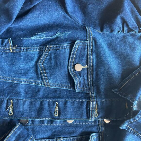 Vetinee Womens Jean Jacket Cropped Denim Jacket Stretchy 3/4 Puff Sleeve Pockets - Picture 12 of 12